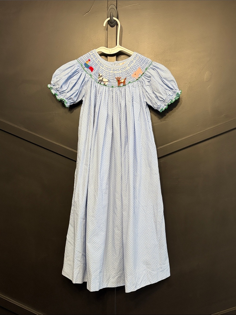 Light Blue Smocked Kids Dress with Animal Embroidery